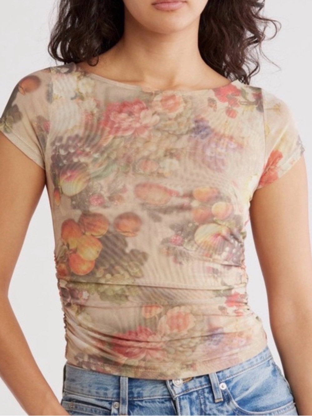 Madden Girl Floral Fruit Print Mesh Top Ruched Side Cap Sleeve Tan Multi Medium